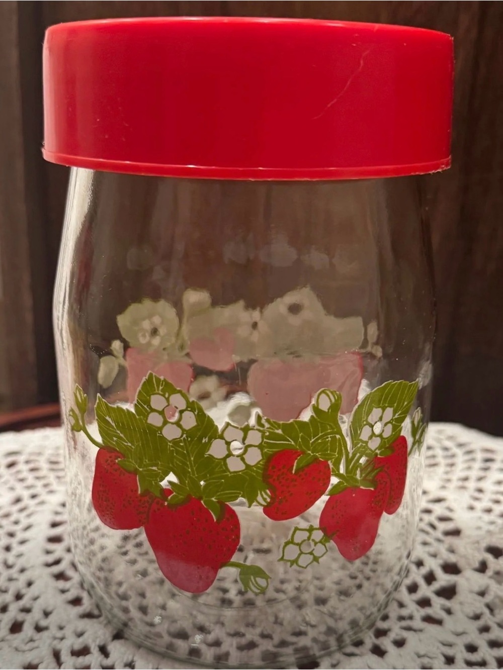 Vintage Carlton Glass Strawberry Canister Jar 7.5" Red Lid Kitchen Storage
